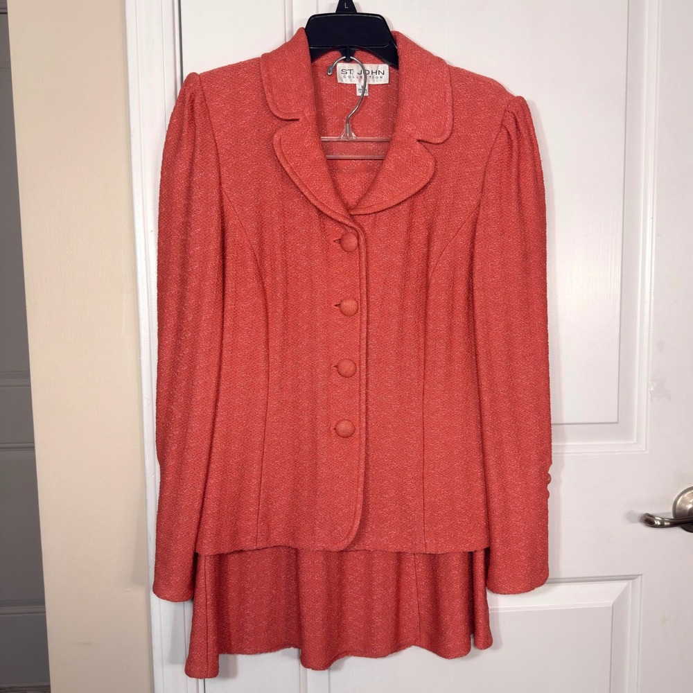 St. John Collection Santana Knit Skirt Suit Coral Pink Blazer Skirt Set 6/8